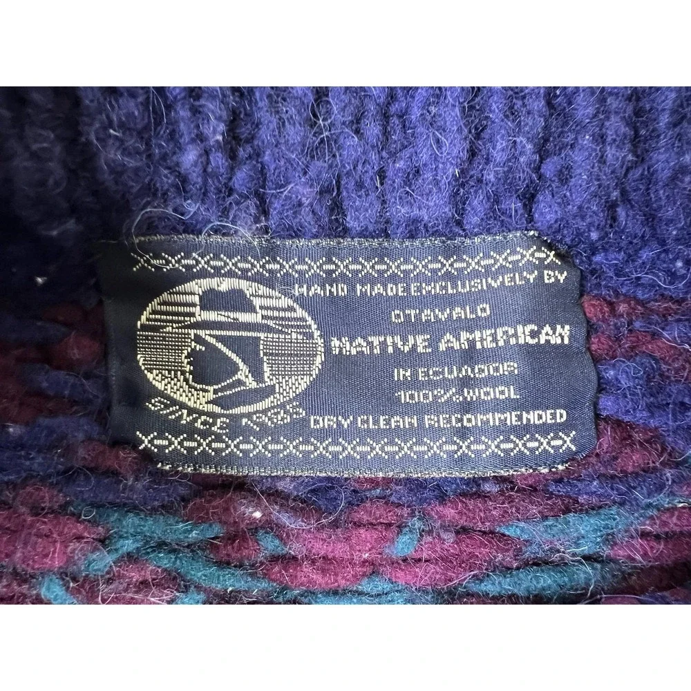 Native American Blue Wool Sweater Winter Warm Knit Fair Isle Ecuador
